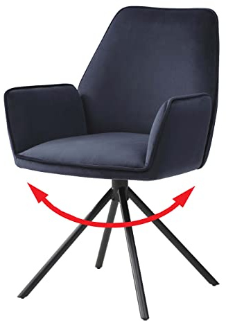 Mendler Esszimmerstuhl HWC-G67 Samt MVG - anthrazit-blau, Beine schwarz | Küchenstuhl, Stuhl, mit Armlehne, drehbar Auto-Position