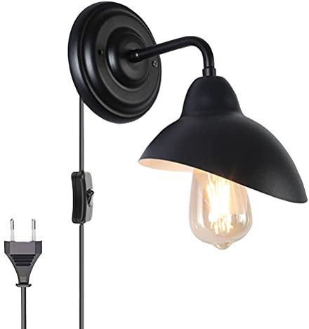 Wandleuchte Schlafzimmer mit Schalter und Stecker, Schwarz Retro Wandlampe mit Kabel Bettlampe Wand-Leselampen, E27 Vintage Innen Lampe Nachttischlampe, für Wohnzimmer Schlafzimmer Bad Flur Büro