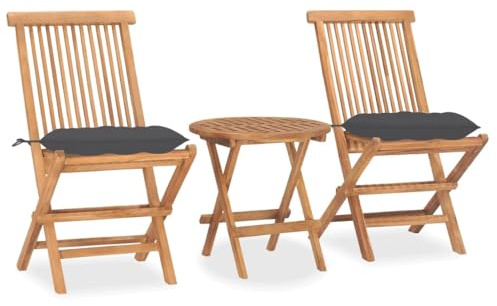 vidaXL Teak Massiv Gartenmöbel 3-TLG. mit Kissen Klappbar Bistroset Balkonset Gartengarnitur Tisch Stühle Sitzgruppe Balkonmöbel Gartenset