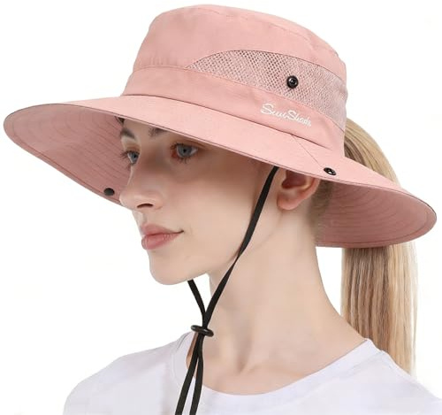 Pesaat Sonnenhut Damen UV Schutz Fischerhut knautschbarer Wasserfester Sommerhut mit Kinnband gartenhut Boonie hat damenfür Gartenarbeit Reisen Wandern Angeln (Rosa-Einfarbig, Gr.Erwachsener)
