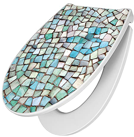 banjado Premium Toilettendeckel mit Absenkautomatik 45x38,4cm / WC Brille Soft Close/hygienischer Toilettendeckel/Klodeckel Duroplast mit Edelstahl Scharnier/Motiv Mosaik Blau