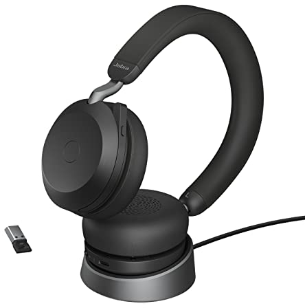 Jabra Evolve2 75 Wireless PC Headset mit Ladedock, 8-Mikro-Technologie - Dual-Foam-Stereo-Kopfhörer mit moderner aktiver Geräuschunterdrückung, USB-A Bluetooth-Adapter und MS-Kompatibilität - Schwarz
