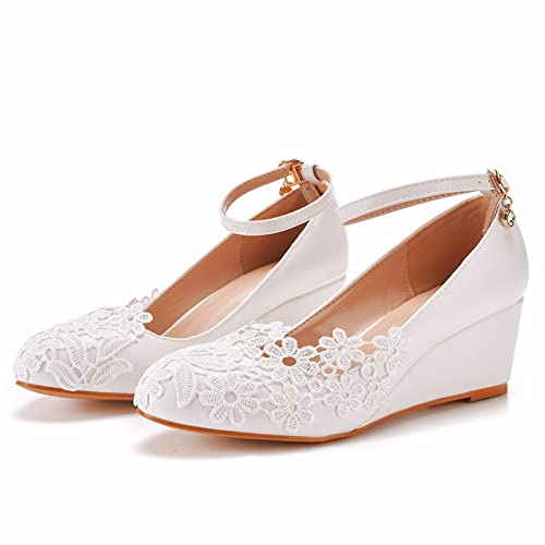 Chaussures de mariage pour femmes, Sandales de mariée compensées élégantes en dentelle florale de 5 CM, Robe de soirée de mariage Performance sur scène Escarpins en cristal,Blanc,38 EU
