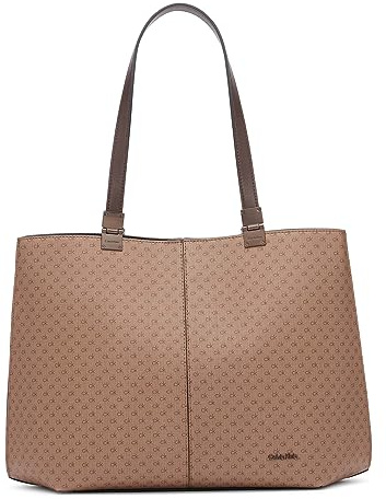Calvin Klein Damen Geometric Tote Bag – Vegan Leather, Monogram, 3 Pockets Geometrische Tragetasche aus Granit, Khaki/Braun/Java