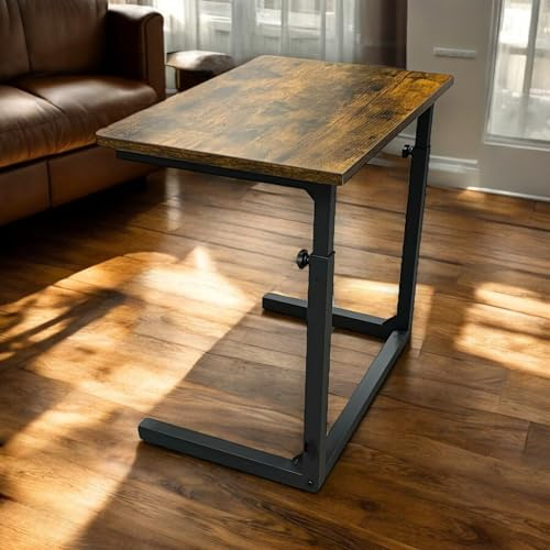 Tinymod Table d’appoint réglable en Hauteur en Forme de C pour canapé, Table pour Ordinateur Portable pour canapé et lit,Marron Rustique