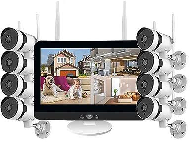 AKAVIG 8CH Wireless WiFi 3MP Home Security CCTV Camera System with 12.5 Inch Monitor and 8 Cameras, 1296P PTZ NVR Surveillance Kit with Two-Way Audio, Night Vision,
