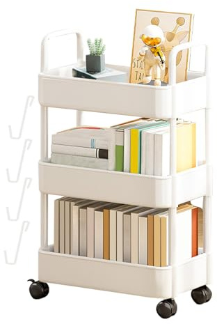 Yajimsa Mobiles Bücherregal Mit Rädern | Beweglicher Bücherregalwagen | 3/4 Ebenen Bewegliches Bücherregal | Schreibtisch Organizer Tisch Seiten Aufbewahrungskorb Wagen Für Schule Klassenzimmer