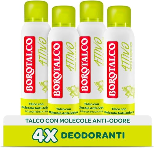 Borotalco, Deodorante Spray Attivo Giallo, Talco con Molecole Anti-Odore, Efficacia Fresca, 48h efficacia, Senza Alcool, Profumo di Cedro e Lime - 4 Pezzi da 150 ml - Esclusiva Amazon