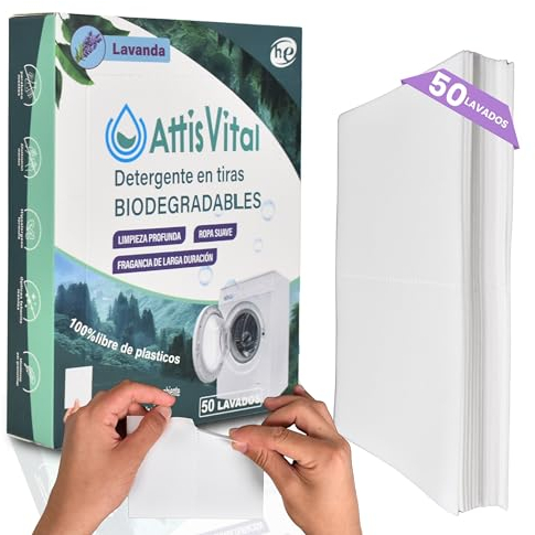 Detergente en Tiras Ecológico AttisVital – 50 Lavados Ultra Concentrados | Sin Plástico, Vegano, Compacto y Hipoalergénico | Para Lavadora y Ropa Delicada (lavanda)