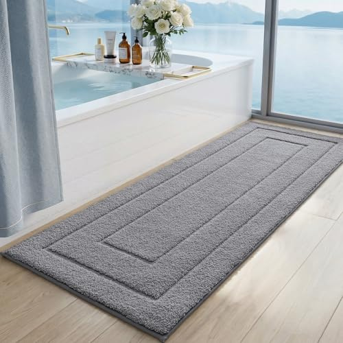DEXI Halkfri Badmatta, Mjuk Mikrofiber Badrumsmatta, Vattenabsorberande, Maskintvättbar, Extra Tjock Duschmatta för Badrum, 60 x 150 cm, Grå