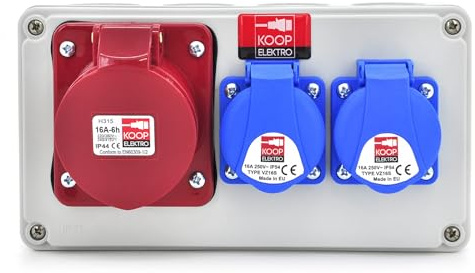 KOOP Elektro Baustromverteiler Steckdosenverteiler Wandverteiler Schuko Steckdosen 2x230V und 1 x CEE 16A Verkabelt, für Innen und Außen
