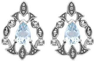 Esse Marcasite Sterling Silver Pear Cut Blue Topaz & Marcasite Art Nouveau Earrings