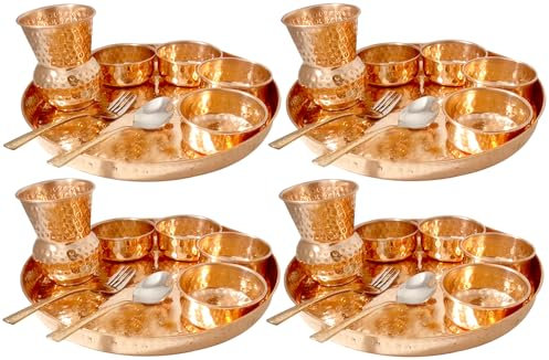 Grainex Copper Hammered Dinner Plate Set | Traditional Dinner Set of Thali Plate, Bowls, Glass and Spoon | 4 Thali Set