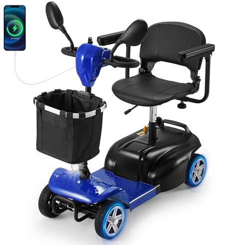 30 Miles 4 Wheel Battery Powered Electric Mobility Scooter - Electric Transportation Wheelchair - Compact Heavy Duty Mobility for Travel, Adults and Seniors Includes Basket and Charger