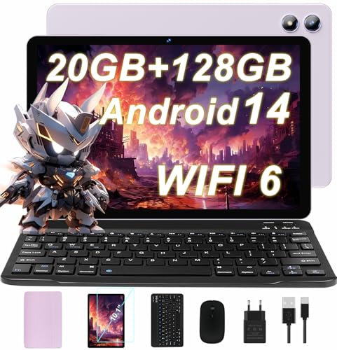JUEDUR Neueste Android 14 Tablet 10 Zoll, 20GB RAM+128GB ROM(1TB TF), 5G+2.4G WiFi 6, Octa-Core 1.8 GHz, Widevine L1, 1280 * 800, 6000mAh, 5MP+8MP, BT5.0, Mit Tastatur und Maus - Veilchen