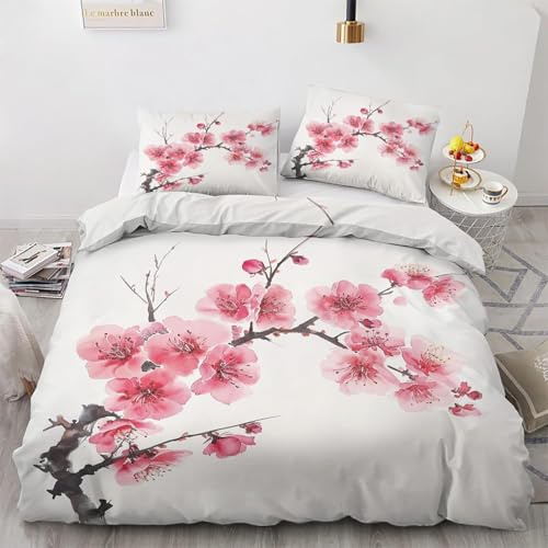 Funda Nordica Cama 90 Flores de Cerezo Ropa de Cama Japón Microfibra Suav Funda Edredon 135x200, Funda Nórdica Chica y 2 Funda de Almohada 50x80 cm, c7489