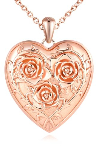 Yumilok Collar colgante de mujer 925 rosa de plata esterlina en forma de corazón amor flor de rocío corazón foto collar rosa de oro