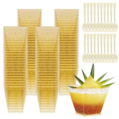 KOOSREEL Tazze Bicchieri Da Dessert, 50 Pezzi 60ml/2oz Gold Mini Plastica Coppette Da Dessert con Cucchiai Ciotoline per Riutilizzabili Tazze da dessert per Budini, Mousse,Compleanni,Matrimoni