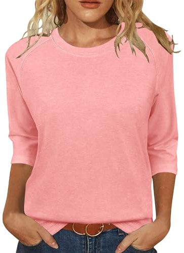 JomeDesign Womens Summer Tops 3/4 Sleeve Round Neck T Shirts Solid Color