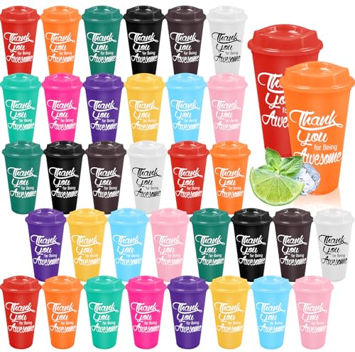 Thank You Gifts – Tasse à café réutilisable en plastique avec couvercles pour collègue de travail, femmes et enseignantes – 473 ml (multicolore, 36)