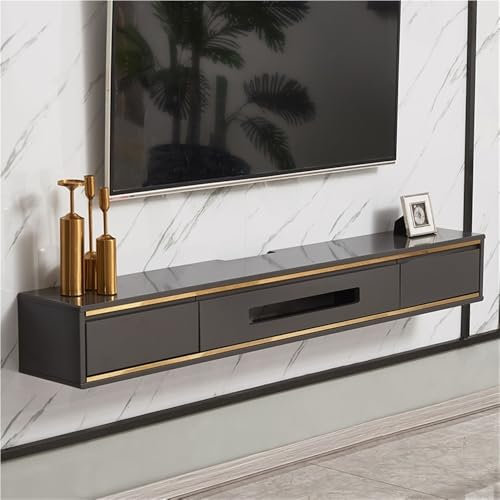 Mobile TV da parete in legno massello, console multimediale mobile per TV con anta e 2 cassetti, scaffale per centro intrattenimento, supporto TV per camera da letto (grigio, 140 x 24 x 21 cm)