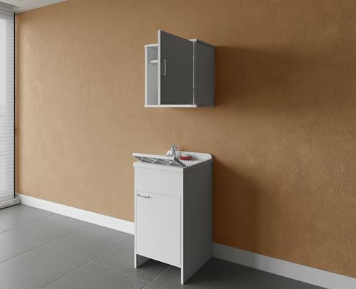Negrari composizione, Mobile Lavatoio + Pensile in Resina, Resistente all'umidità, Vasca resistente agli acidi, Kit di scarico incluso, Interno e Esterno, Bianco
