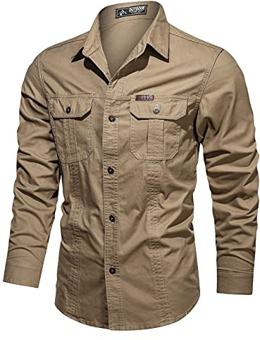 Men's Denim Shirt with Press Studs, Traditional Shirts for Men, Green, Plain Lapels, Shirt Strip with Chest Pocket, Cotton Big Shirt Plus, Outdoor Long Sleeve Shirts, Men Washed, khaki, XXL