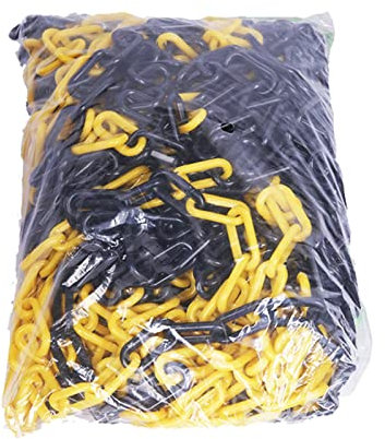 Crowd Control Kunststoff-Kettenabsperrung, 25 m, leicht, Sicherheitskette, Kettenglied mit Haken für Parkblocker, wasserdicht, Warteschlangenleitungsschirm, Gelb und Schwarz, 8 mm
