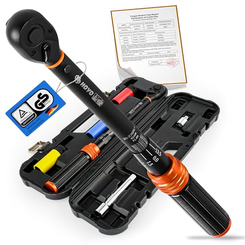 Warmfay Drehmomentschlüssel 1/2 Zoll, 20-230NM Torque Wrench Set ±3% Fehlergenauigkeit mit 72 Zähne Umschaltknarre, 6TLG Ratschenkasten mit Verlängerung 12,5cm, 1/2-3/8 Adapter & 3 Stecknüssen