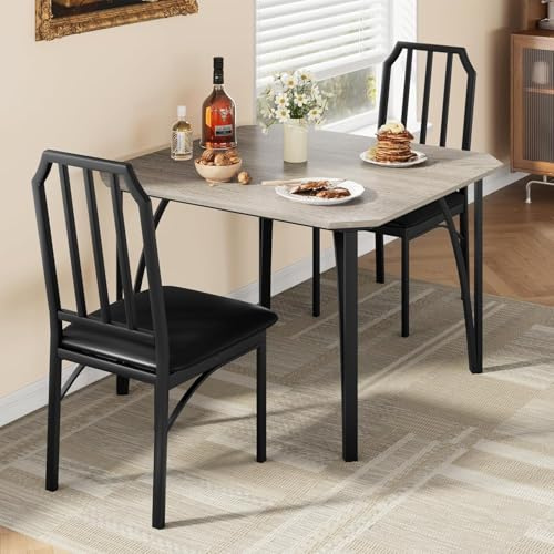 Salutmeuble 3-teiliges Küchentisch-Set, Tisch und Stühle für 2, quadratischer Esstisch aus Metall und Holz mit 2 gepolsterten Stühlen, Esstisch für kleine Räume (Hellgrau)