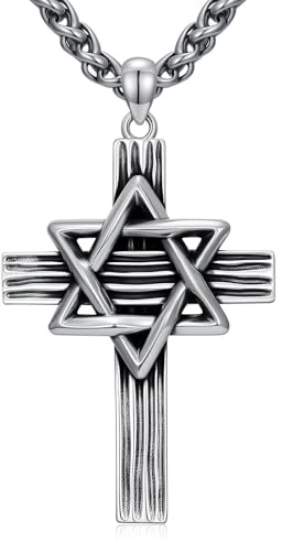 PDTJMTG Collana da uomo a forma di croce con stella di David, in argento Sterling 925, con ciondolo a forma di stella ebraica, per papà e figlio