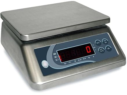 MBH - Bilancia in acciaio inox resistente all'acqua fino a 15 kg per ospitalità, panetteria e pasticceria. Bilancia industriale IP67 con funzione tara e conteggio parti (290 x 240 x 110 mm)