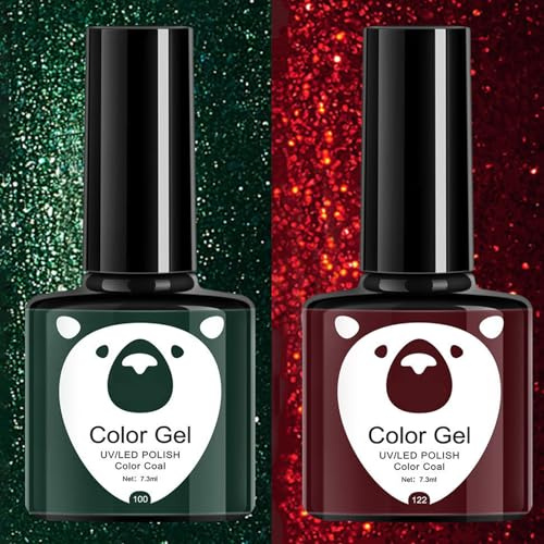 Christmas Gel Nail Polish, 2PCS Glitter Red Green Gel Polish, Burgundy Cherry Red Shimmer, Long-Lasting UV/LED Cured, Quick-Dry Nail Art Kit for Women Girls