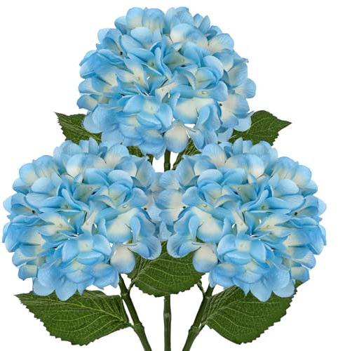 Hollyone Paquete de 3 flores artificiales de hortensias, tallos de hortensias artificiales azules con flores grandes de 7 pulgadas, flores de seda de tallo largo para arreglos florales, jarrón alto