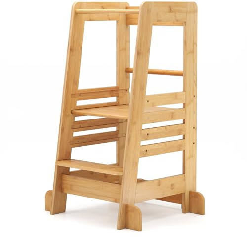 COSTWAY Tour d'apprentissage Enfant en Bambou avec Hauteur Réglable sur 4 Niveaux, Tour d’Observation Montessori avec Barres de Sécurité et Pieds Anti-basculement, Tabouret Escabeau pour 18 Mois+