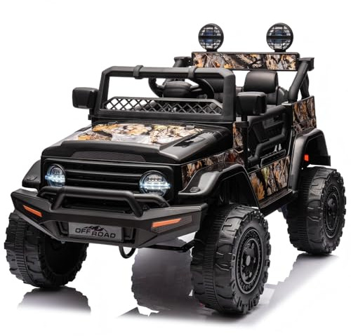 12V Kinder Elektroauto mit Fernbedienung, Kleiner Offroad Flitzer Mit Licht, Federung & Sicherheitsgurt, 2 Betriebsmodi, LED, Bluetooth, Musik Elektro Kinderauto (Schwarz)
