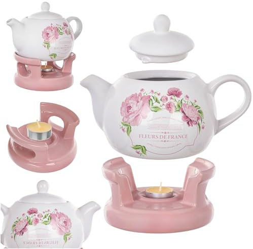 KADAX Teekanne 1L mit Stövchen Set, Kaffeekanne aus Porzellan mit Deckel, Griff und Teestövchen, Kanne mit Teelicht Wärmer für Tee, Teeservice (Rosa/Weiß)