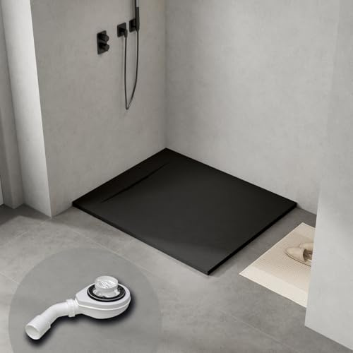 WITEN&NOCK Duschwanne 120x100 cm SMC Brausewanne schwarz Steinoptik Antirutsch Duschtasse Höhe 3,2 cm Niedrige Schwelle Extraflach Brausetasse mit Ablaufgarnitur Ø 90 mm