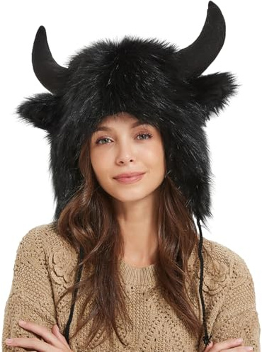 Generisch Bull Horn Hat - Warm Buffalo Animal Headwear, Ear Costume Cap | Furry Cosplay Winter Accessory Unisex Design, Plush Outdoor Adventure Festival Headpiece for Men Women Halloween Christmas