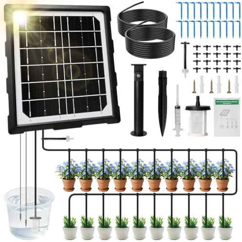 Sistema de Riego por Goteo Solar, Riego Automático para Macetas con Tubo de Goteo de 20M, Riego Automatico Macetas para Balcón, Invernadero y Huertos, Sistema de Riego por Goteo para hasta 20 Plantas