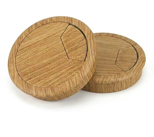 2 PCS Desk Hole Cover – 60mm Oak Desk Cable Grommet for Wire Management | Round Cable Hole Cover for Desk with Wood Grain Finish for Office Tables Computer Desks and Worktops – ABS Plastic