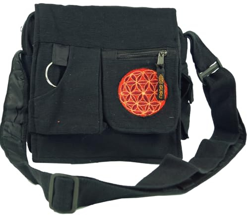 GURU SHOP Schultertasche, Hippie Tasche mit Fächern, 100% Baumwolle | Verstellbarer Schultergurt, Reißverschlussfächer, kontrastreiche Stickerei, praktisches Design, vielseitig einsetzbar