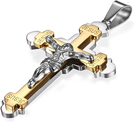 Flongo Herrenkette Männer Anhänger Halskette, Edelstahl Anhänger Halskette Panzerkette Kette Silber Schwarz Gold Jesus Kreuz Kruzifix Rosenkranz Klassiker Herren-Accessoires