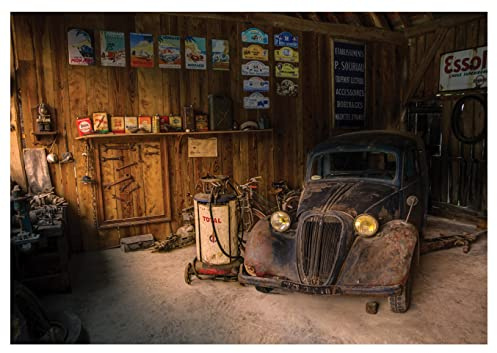 Forwall - Papier peint photo non tissé - Voiture rétro - Route 66 - Vieux atelier - 416 x 254 cm - Papier peint photo - Pour salon et chambre à coucher - Papier peint non tissé - Effet 3D - Avec colle