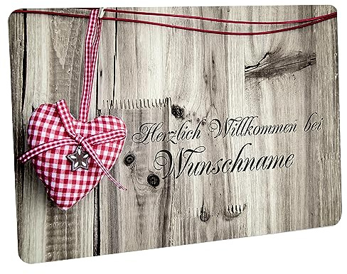 Crealuxe Fussmatte mit Wunschtext/Wunschname Herzlich Willkommen - Motiv Herz Pink/Weiss kariert - 60x40 cm - Gummi Rückseite/rutschfest - Filzoberfläche - Bedruckte Türmatte - Innenmatte