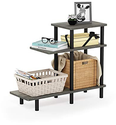 Furinno TURN-N-TUBE Side Table, 3-Tier L-Shape End Table with Open Shelf, Tall Toolless Night Stand, Bedside Table, for Living Room, Bedroom, French Oak
