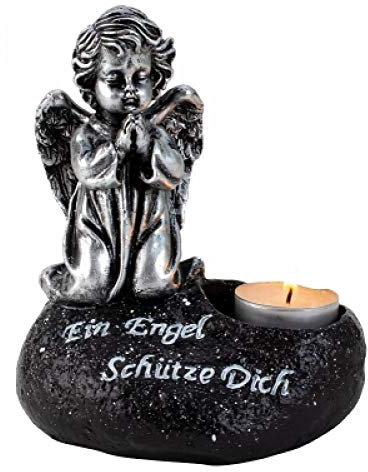 Unbekannt Grabengel stehend auf Stein mit Spruch und Kerze scharz/Silber 15,5x13 cm