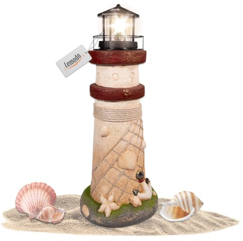 NATIV LEMODO Gartendeko Leuchtturm 81 cm hoch | Handbemalte Gartenfigur mit solarbetriebenem, rotierendem Leuchtfeuer | Maritime Außendeko mit LED Beleuchtung
