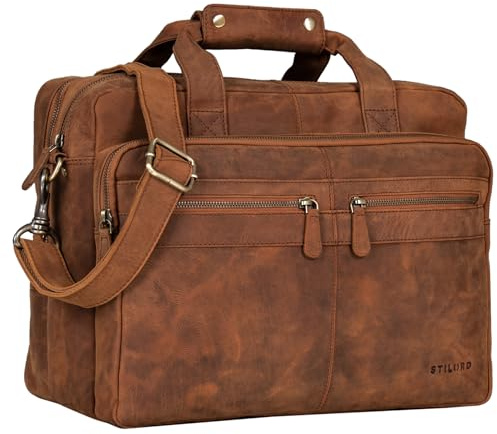 STILORD Explorer Lehrertasche Leder Herren Damen Aktentasche Büro Schulter- oder Umhängetasche für Laptop mit Dreifachtrenner Echt Leder Vintage Farbe:Sattel-braun