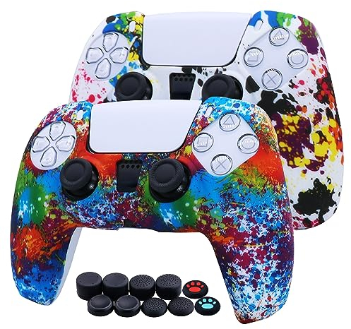 [2 en 1] Jusy Housse en Silicone pour Manette PS5 DualSense, Housse Antidérapante Étui de Protection Durable Anti-poussière pour Manette PS5 avec 10 poignées de Pouce (Graffiti)